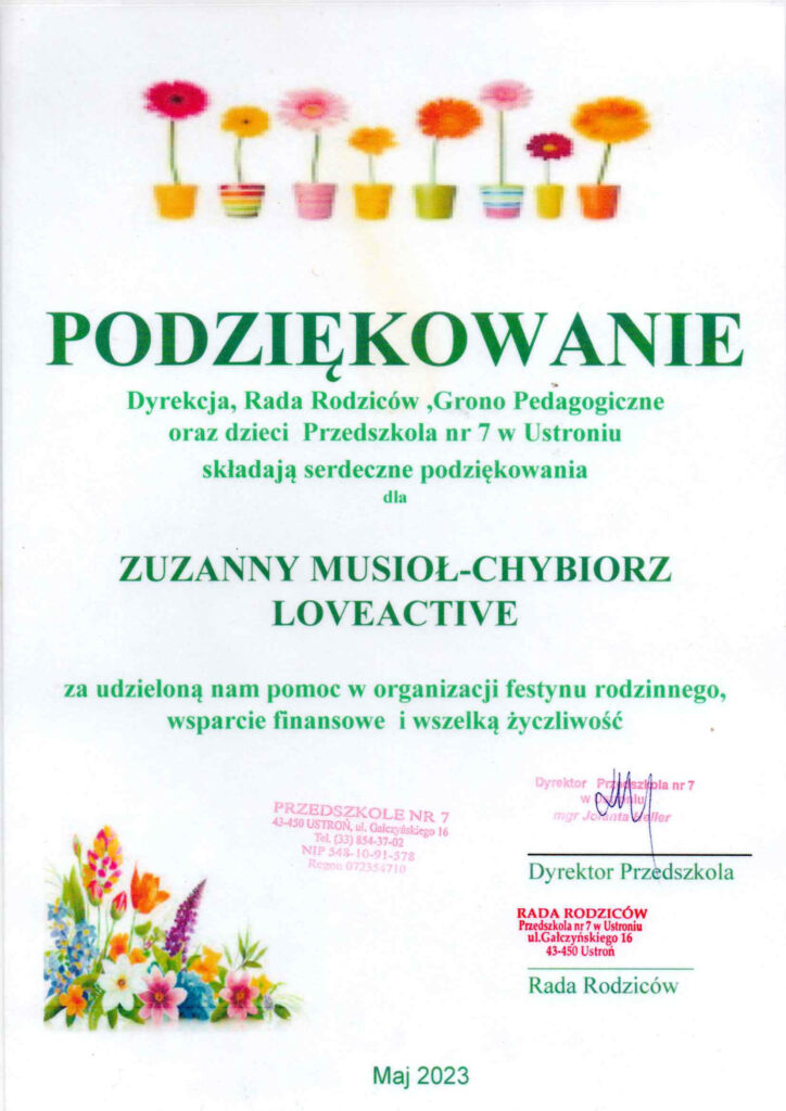 Podziękowanie dla firmy LovActive za wsparcie festynu, który był organizowany w Przedszkolu Nr 7 w Ustroniu.